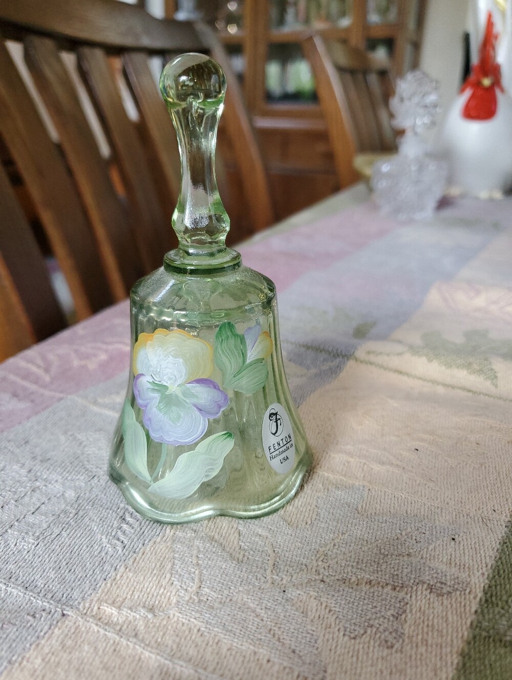 Fenton Green Art Glass Bell Hand Painted And Sign With Original Sticker